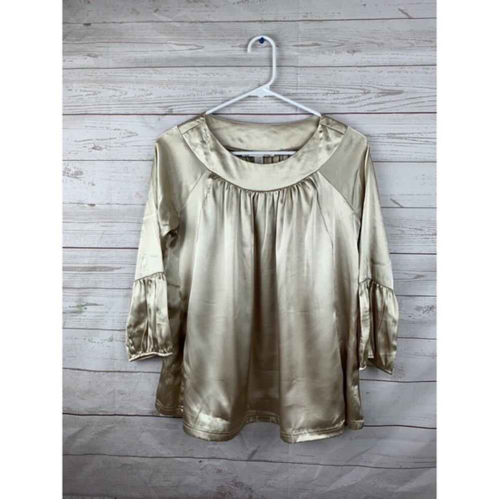 American Rag Cie‎ Blouse Womens XS Gold shiny with POCKETS 3/4 sleeve